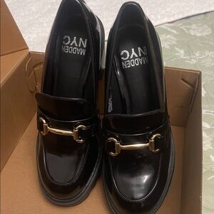 Madden NYC Women's Black Patent Loafers with Gold Bit